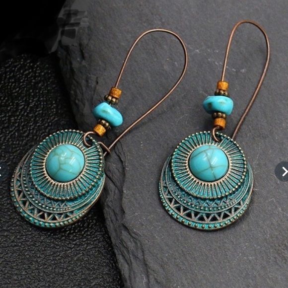 Turquoise & Copper Boho Dangle Earrings - Picture 1 of 3